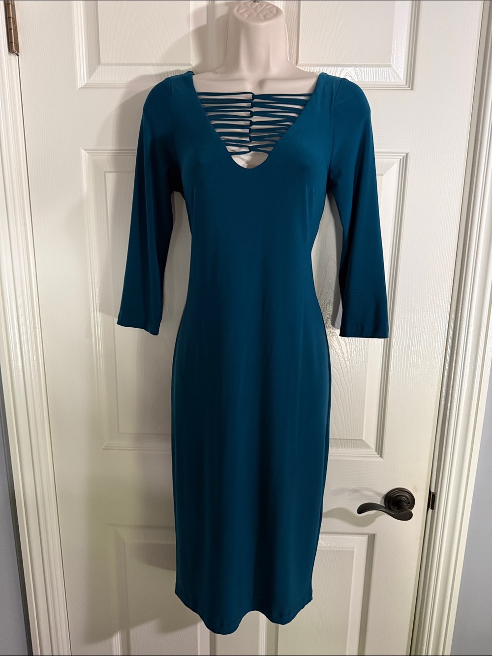 Leona Edminston Teal Strappy V-Neck Midi Dress